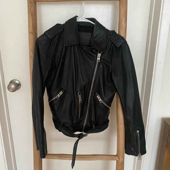 ALLSAINTS Balfern Belted Hem Leather Biker Jacket US 2 - Picture 4 of 5